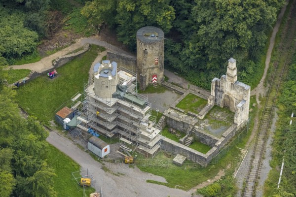 Aerial view, castle ruin Hardenstein renovation in the district Vormholz in Witten, Ruhr area,