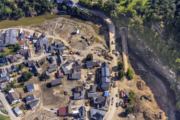 Aerial view, flood area with river Ahr and bridge damage in Schuld, Ahr valley,