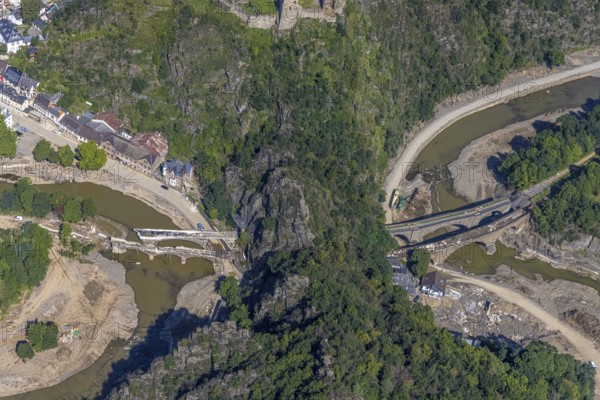 Aerial view, flood area at the river Ahr with destroyed bridges and tunnel entrances in Altenahr,