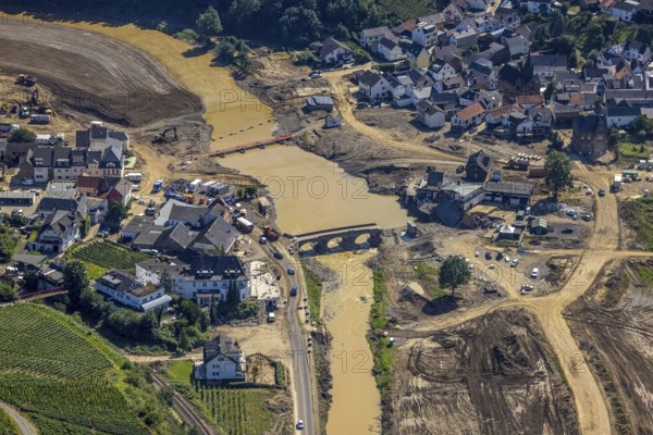 Aerial view, flood area at the river Ahr in the district of Rech, Altenahr, Ahr valley,
