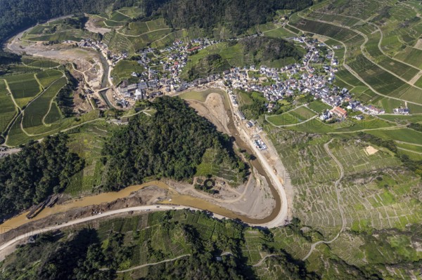 Aerial view, flood area at the river Ahr in the district Mayschoß in Altenahr, Mayschoß, Ahr