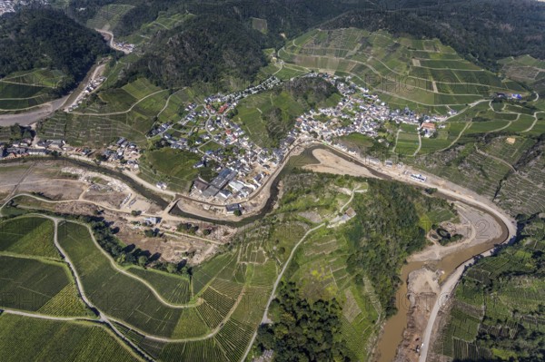 Aerial view, flood area at the river Ahr in the district Mayschoß in Altenahr, Mayschoß, Ahr