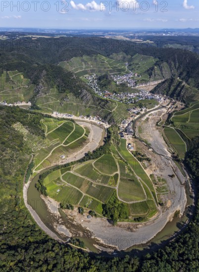 Aerial view, flood area at the river Ahr at vineyards in the districts Laach, Lochmühle and