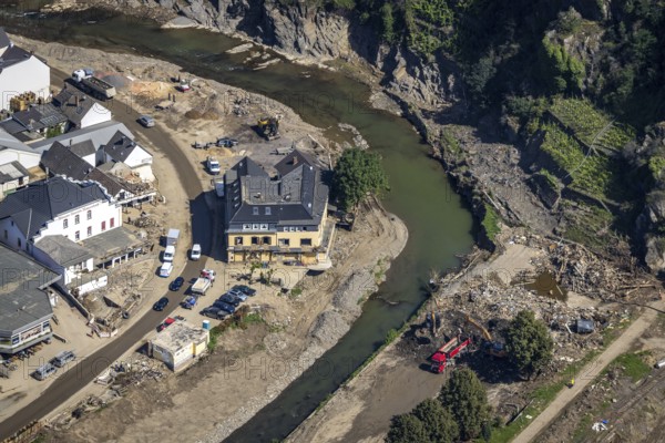 Aerial view, flood area at the river Ahr and destroyed Gasthof zur Saffenburg in Mayschoß, Ahr