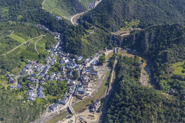 Aerial view, flood area at the river Ahr with destroyed bridges and tunnel entrances in Altenahr,