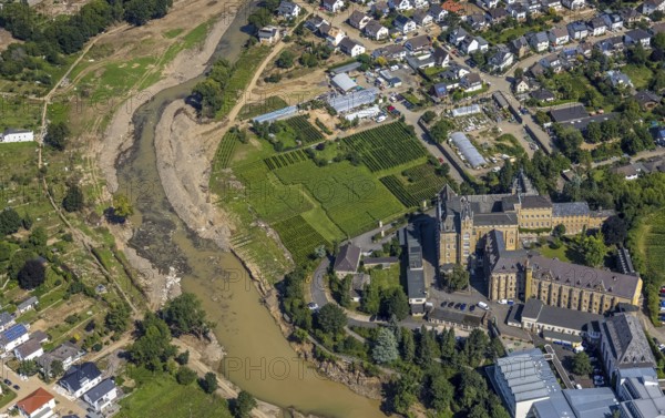 Aerial view, flood area at the river Ahr and monastery with pilgrimage church Calvarienberg in
