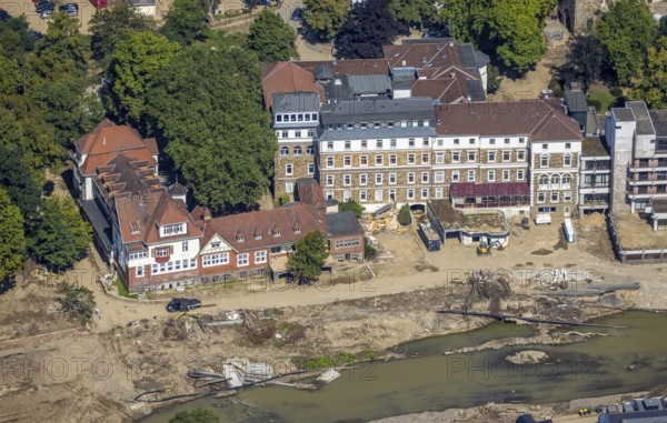 Aerial view, flood area at the river Ahr and Dr. von Ehrenwallsche Klinik in Walporzheim, Bad