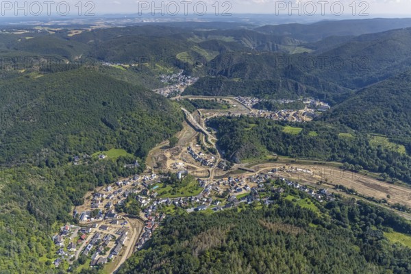 Aerial view, flooded area at the river Ahr with destroyed bridges and historical sight Burg