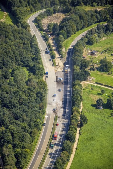 Aerial photo, flood area and construction site on the A571 motorway in Heimersheim, Bad