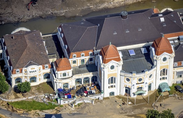 Aerial view, flood area at the river Ahr with spa hotel Bad Neuenahr and furniture on the terrace