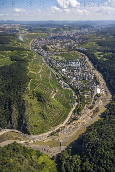 Aerial photograph, flood area at the river Ahr in Walporzheim, Bad Neuenahr-Ahrweiler, Ahr valley,