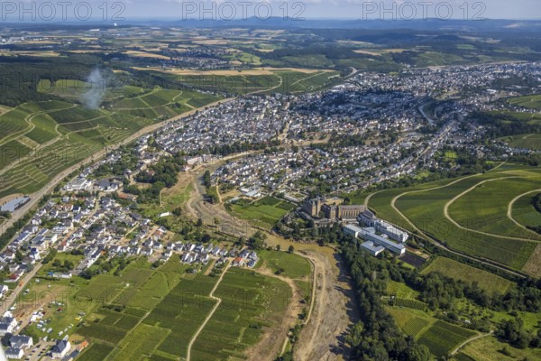 Aerial view, flood area at the river Ahr and Dr. von Ehrenwall's clinic and monastery with