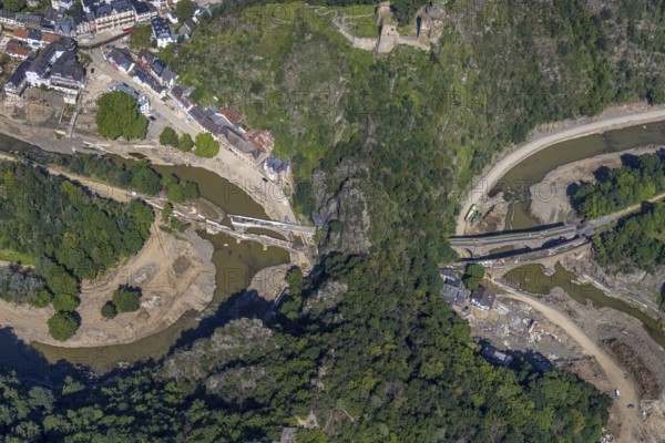Aerial view, flood area at the river Ahr with destroyed bridges and tunnel entrances in Altenahr,