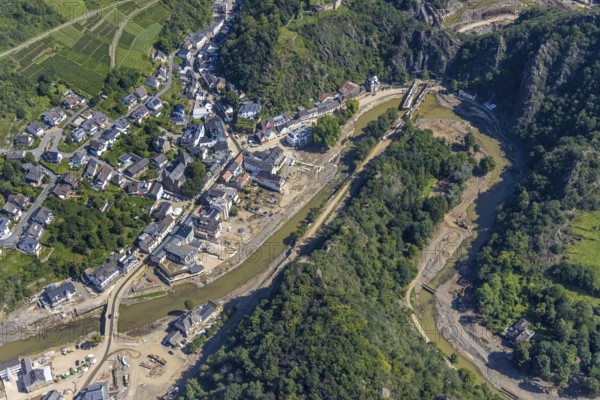 Aerial view, flood area at the river Ahr with destroyed bridges and tunnel entrances in Altenahr,
