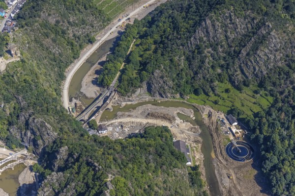 Aerial view, flood area at the river Ahr with destroyed bridges and tunnel entrances in Altenahr,