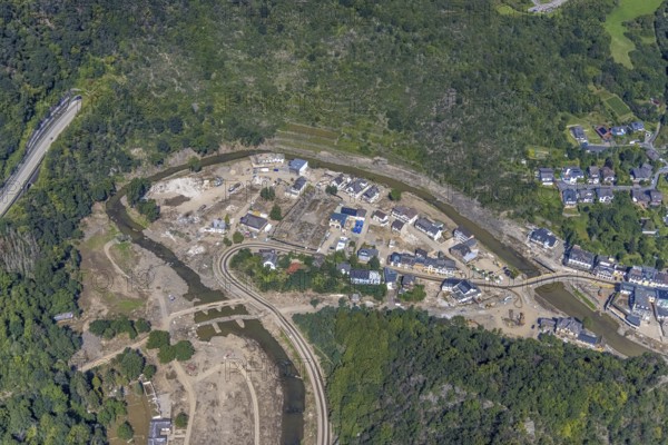 Aerial view, flood area at the river Ahr with cemetery Altenahr in Altenahr, Ahr valley,