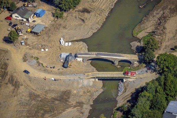 Aerial view, flood area at the river Ahr with destroyed Josef Emmerich bridge and temporary bridge