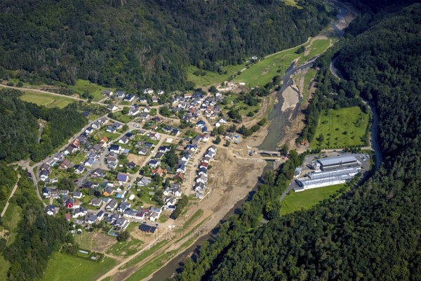 Aerial view, flood area at the river Ahr with destroyed Josef Emmerich bridge and temporary bridge