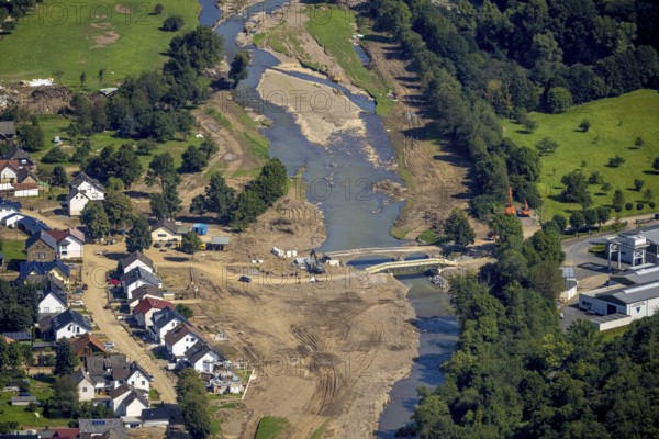 Aerial view, flood area at the river Ahr with destroyed Josef Emmerich bridge and temporary bridge