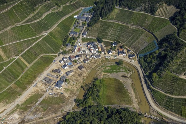 Aerial view, flood area at the river Ahr at vineyards and small Ahr loop at the winery Kloster