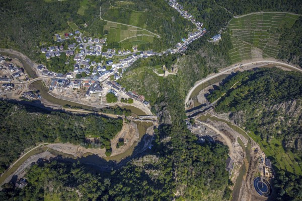 Aerial view, flood area at the river Ahr with destroyed bridges and tunnel entrances in Altenahr,