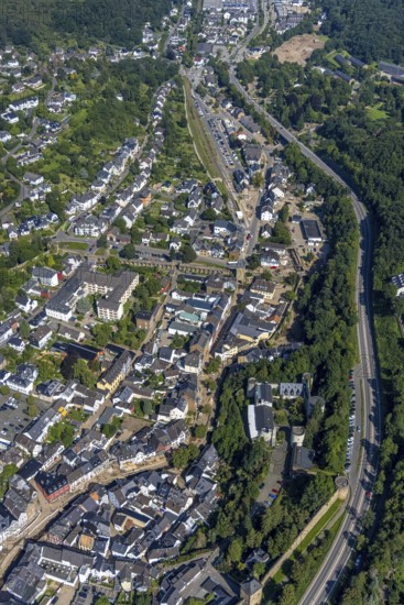 Aerial view, Erft flood in the old town centre with destroyed bank area of the Erft as well as the