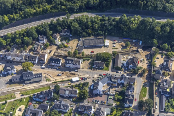 Aerial view, railway station in Bad Münstereifel, Ahr flood, Ahr valley, North Rhine-Westphalia,