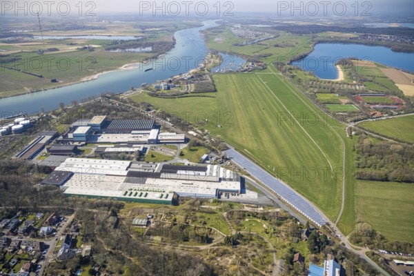 Aerial photography, Wesel-Römerwardt airfield, River Rhine, Pilkington Automotive Deutschland GmbH,