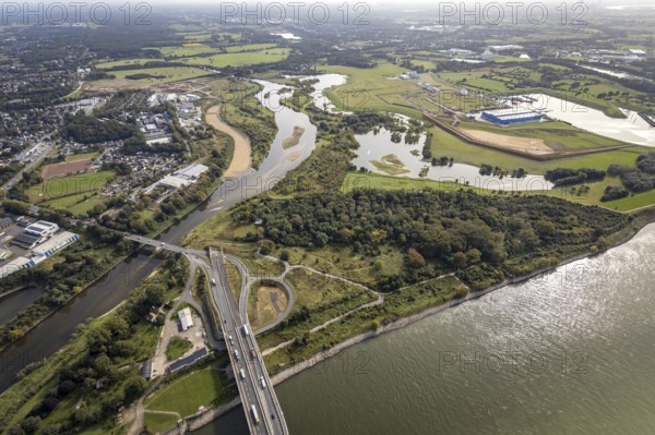 Aerial view, The mouth of the river Lippe into the river Rhine with the Lower Rhine Bridge Wesel at