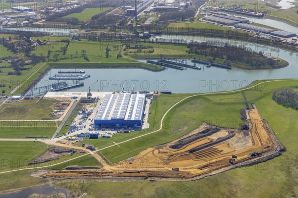 Aerial view, construction site in the Lippe floodplain at the heavy load terminal, Wesel, Ruhr