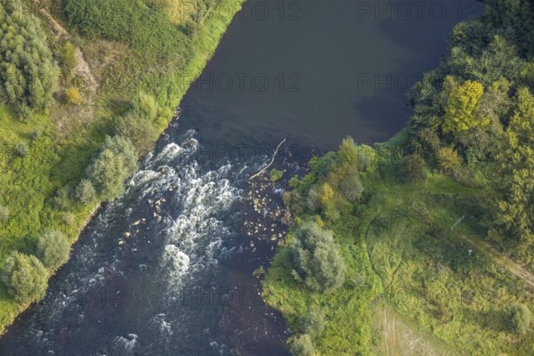 Aerial view, river Lippe water vortex at the Lippeschlösschen in the district Fusternberg in Wesel,