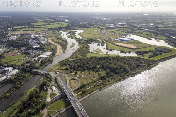 Aerial view, The mouth of the river Lippe into the river Rhine with the Lower Rhine Bridge Wesel at
