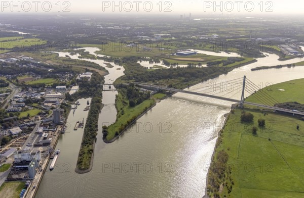 Aerial view, The mouth of the river Lippe into the river Rhine with the Lower Rhine Bridge Wesel at