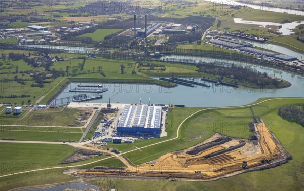 Aerial view, construction site in the Lippe floodplain at the heavy load terminal, Wesel, Ruhr