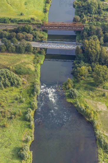 Aerial view, river Lippe water vortex at the Lippeschlösschen in the district Fusternberg in Wesel,