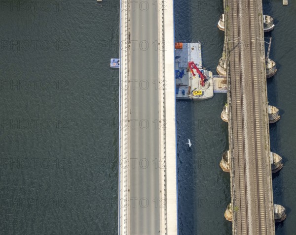Aerial view, construction site Obergrabenbrücke Friedrichstraße and railway bridge over the river