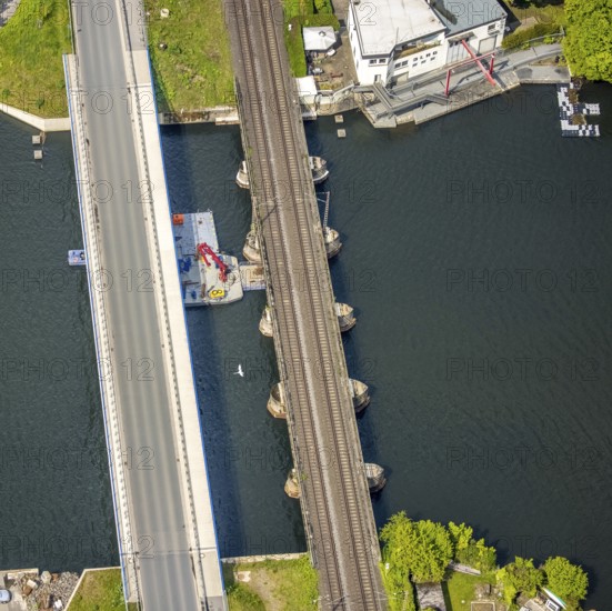 Aerial view, construction site Obergrabenbrücke Friedrichstraße and railway bridge over the river