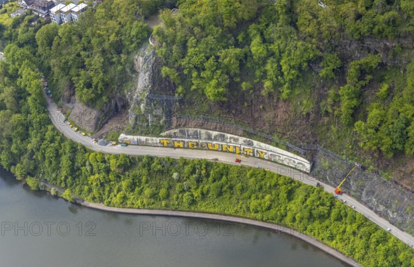 Aerial photo, rockfall protection fences and construction work on the closed cycle path and hiking