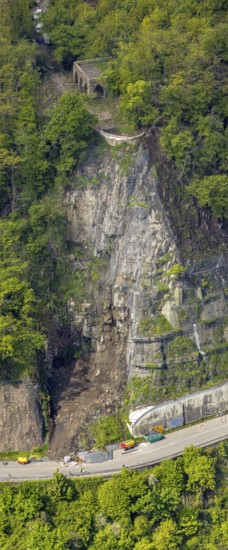 Aerial photo, rockfall protection fences and construction work on the closed cycle path and hiking