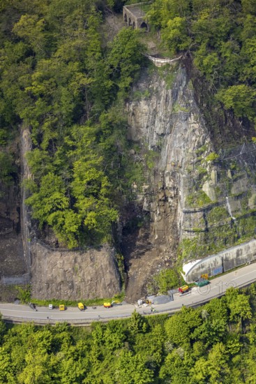 Aerial photo, rockfall protection fences and construction work on the closed cycle path and hiking