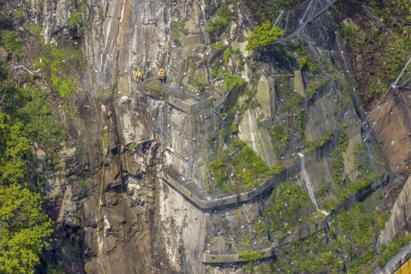 Aerial photo, rockfall protection fences and construction work on the closed cycle path and hiking