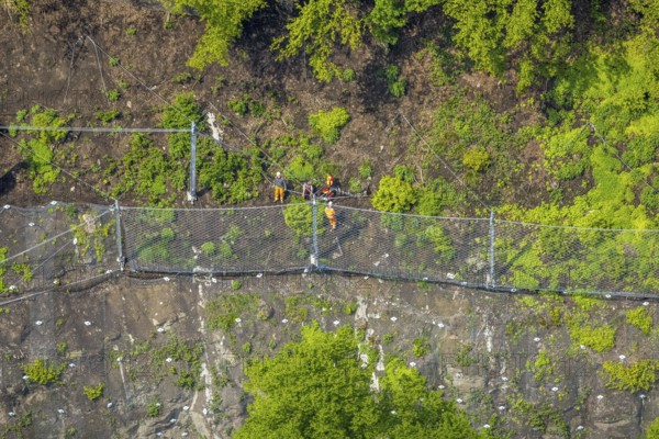 Aerial photo, rockfall protection fences and construction work on the closed cycle path and hiking