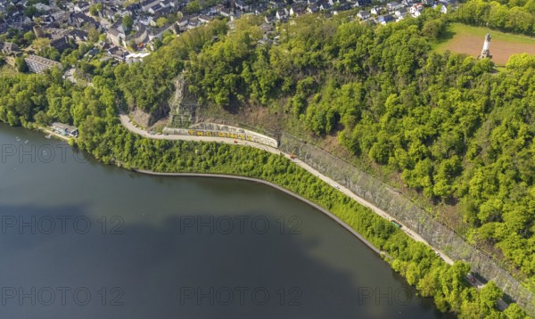 Aerial photo, rockfall protection fences and construction work on the closed cycle path and hiking