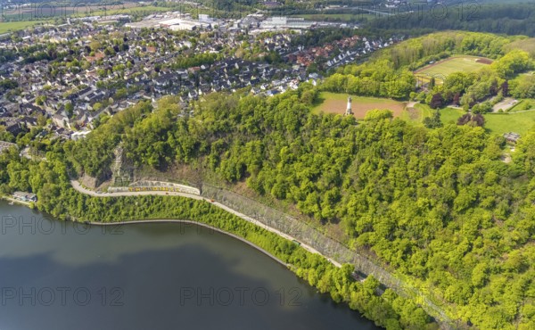 Aerial photo, rockfall protection fences and construction work on the closed cycle path and hiking