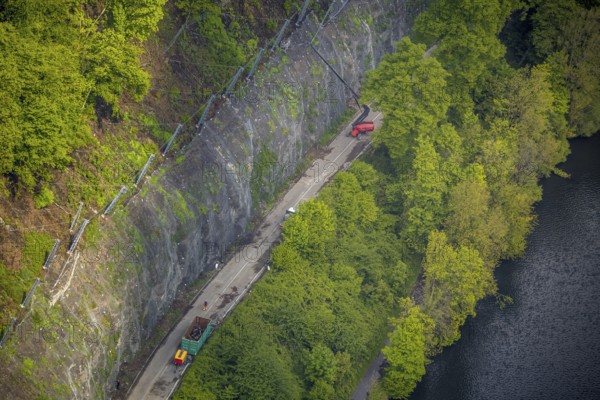 Aerial photograph, rockfall protection fences and construction work on the closed cycle path and