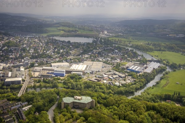 Aerial view, Demag former office tower in Demagstraße and Demag factory premises, Volmarstein,