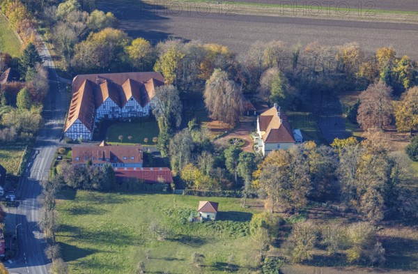Aerial view, former manor, Haus Echthausen is a moated castle in Wickede-Echthausen, Echthausen,