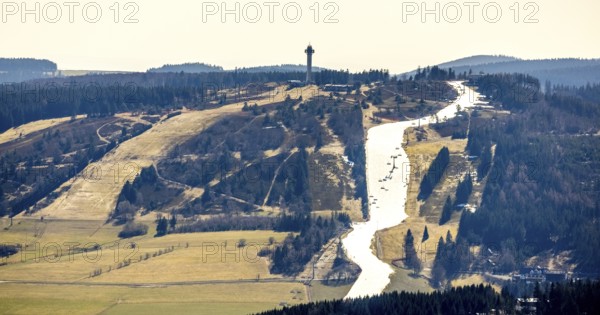 Ski downhill run with chairlift and Ettelsberg high heath tower, Willingen, Sauerland, Hesse,
