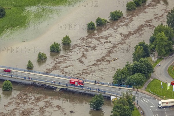 Aerial photo, Ruhr flood, flood after heavy rainfall, Wickede, Sauerland, North Rhine-Westphalia,