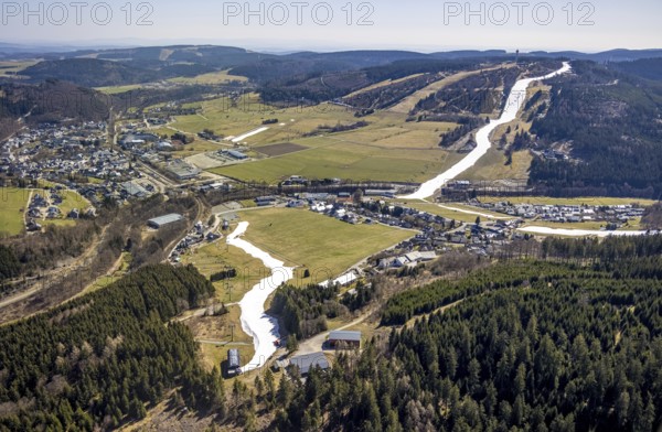 Ski downhill run with chairlift and Ettelsberg high heath tower, Willingen, Sauerland, Hesse,